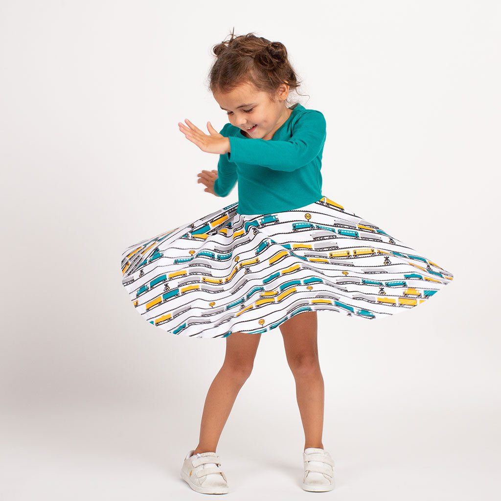&quot;ENGINEuity&quot; Trains Twirly Play Dress with Pockets and Long Sleeves